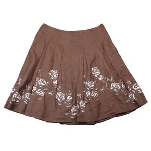 Jones New‎ York Linen Skirt 16 Brown Roses A-Line Pleated Boho Cottagecore NEW